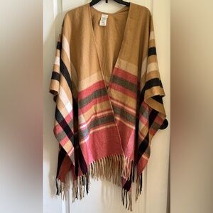 Woolrich Cozy Blanket Wrap Tan/Black/Red Fringe One Size Shawl Winter Cozy
